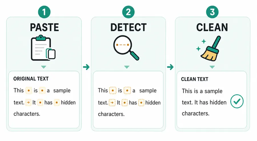 Three-step paste, detect, clean workflow showing hidden marks removed from a text sample