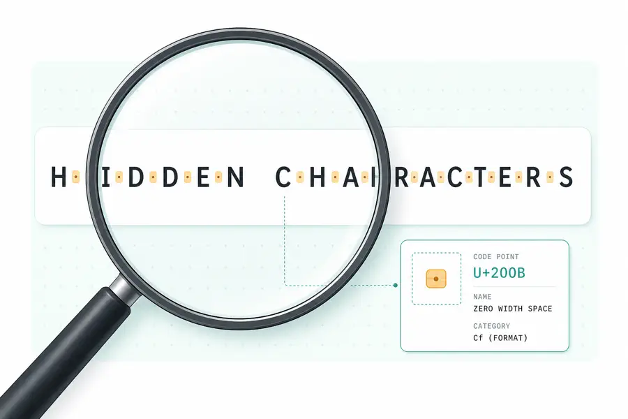 Magnifying glass revealing highlighted invisible marks and U+200B in a text string
