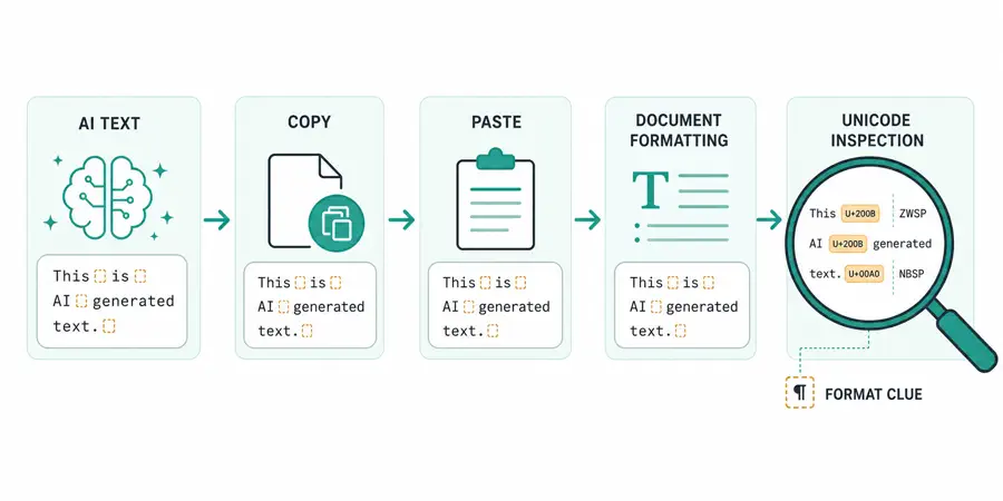 AI text moving through copy, paste, document formatting, and Unicode inspection stages